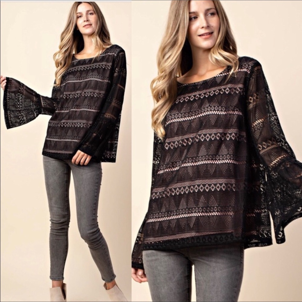 New!  Black Lace Top Blush Lining W/Bell Sleeves